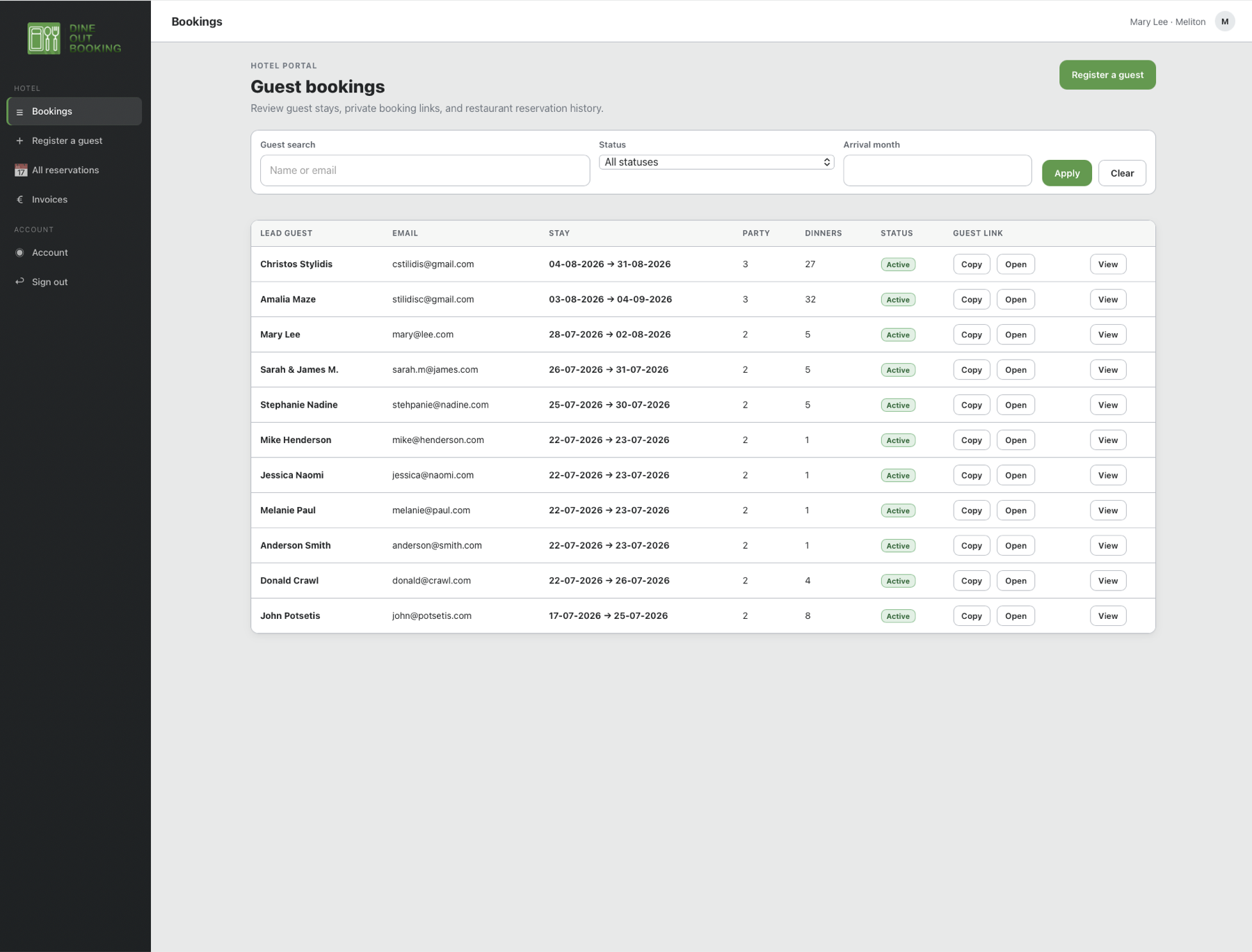 Dine Out Booking hotel portal showing guest bookings and reservation operations