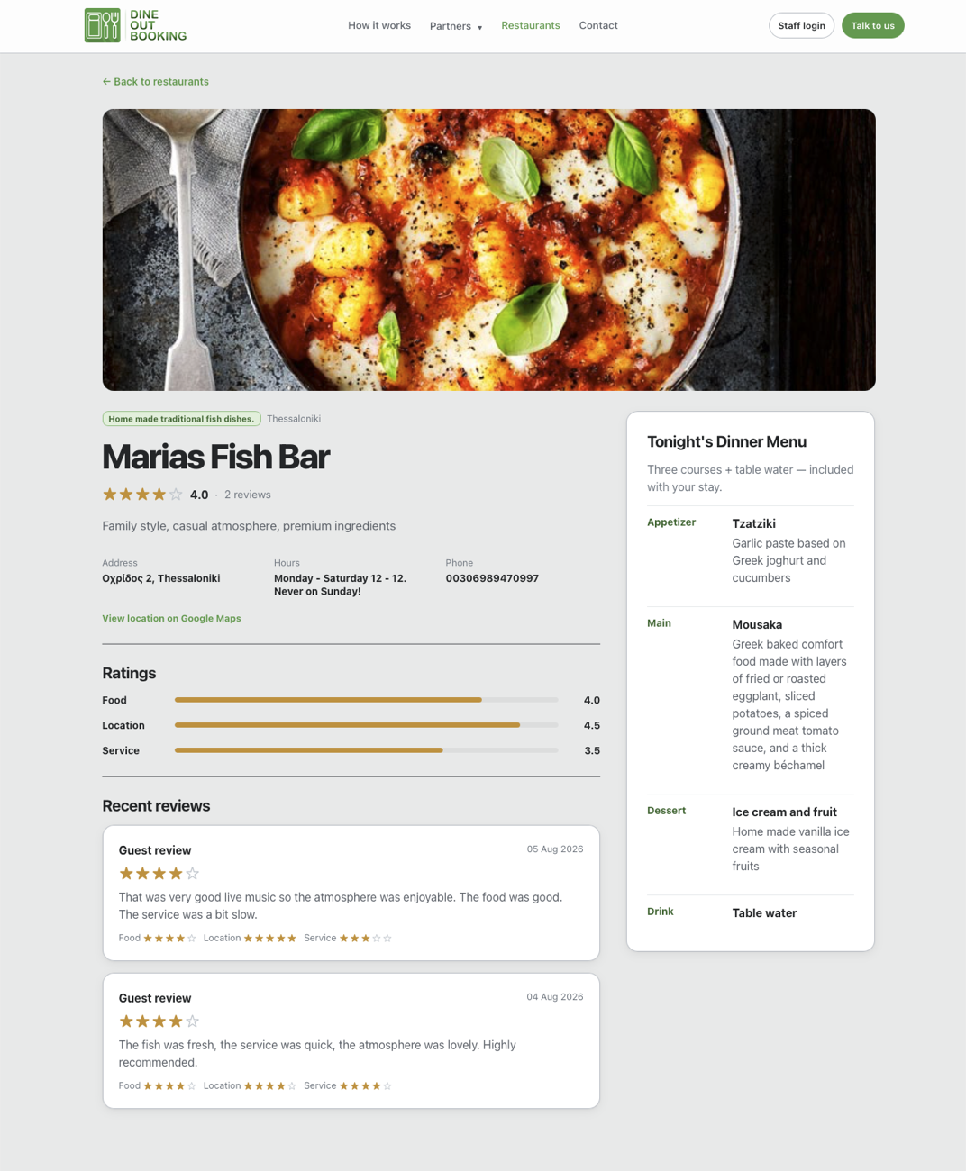 Dine Out Booking restaurant page with venue details, menu, ratings, and booking information